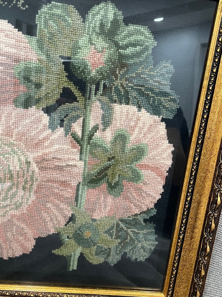 Framed Needlepoint Flowers & Butterfly Signed BAS Dated 93 Titled Hollyhook