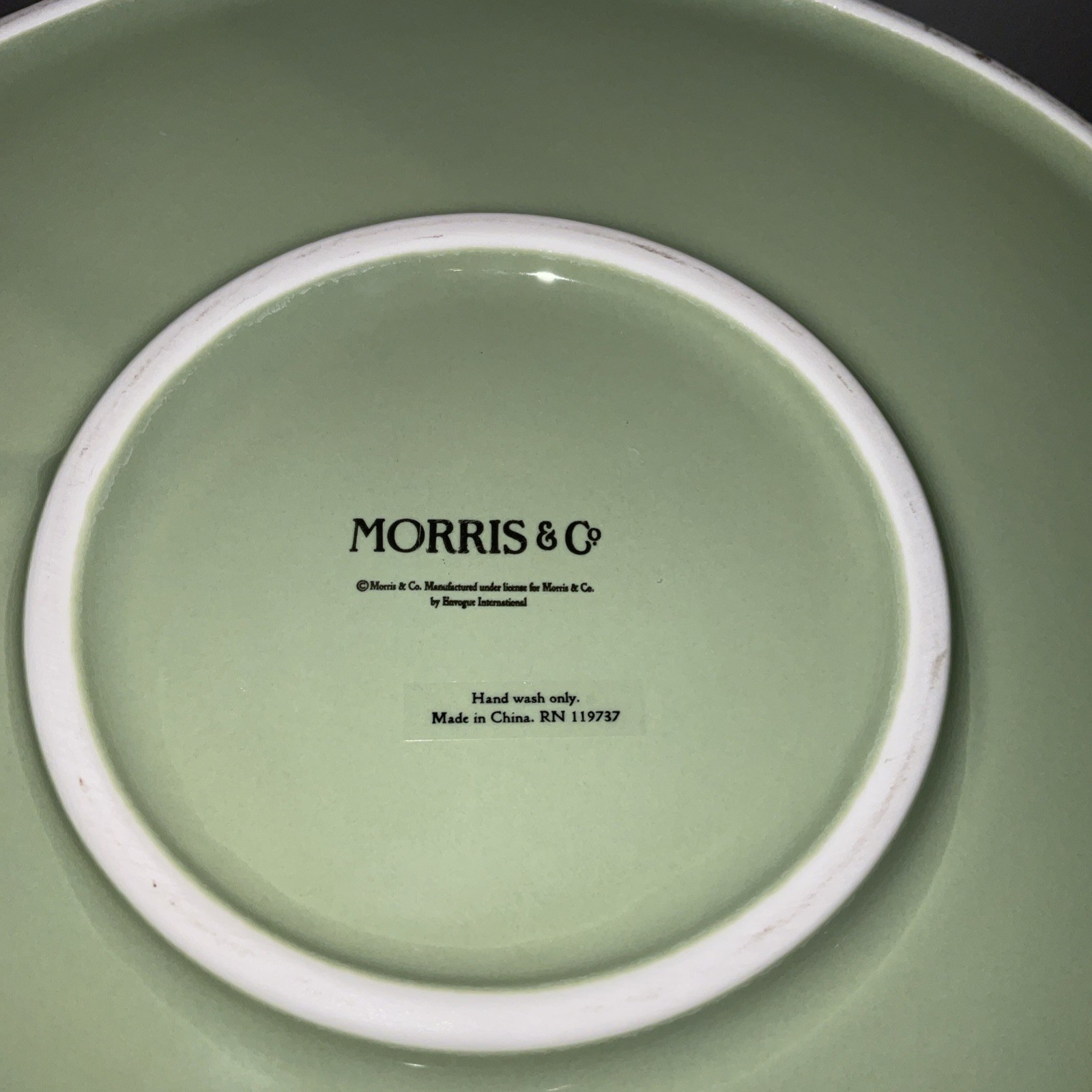 MORRIS & Co. GREEN WHITE ETCHED FLORAL 10x8 EVERTED RIM CERAMIC WASTEBASKET NWT