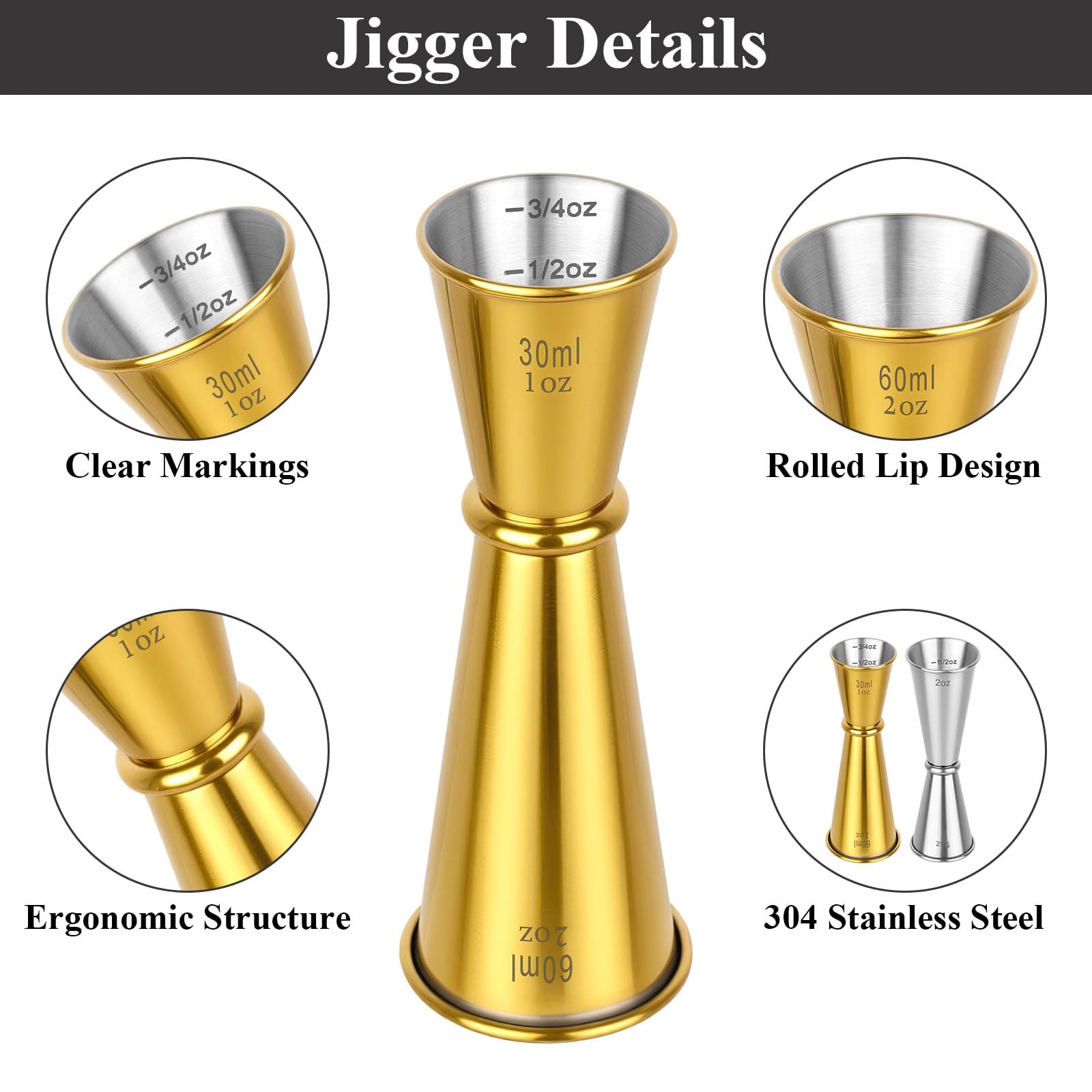 2 Pack Jigger for Bartending, 2 OZ 1 Double Shot Standard, Gold & Silver