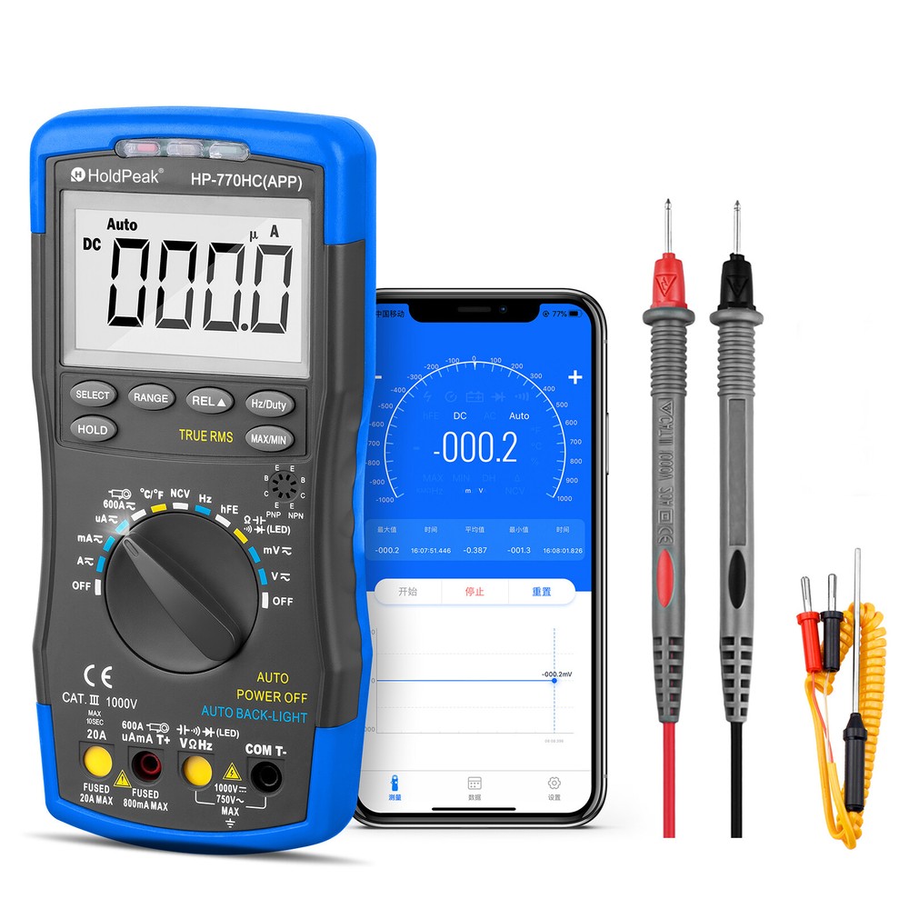 Holdpeak Digital Multimeter AC/DC TRMS NCV Multimeter 750VAC/1000VDC Bluetooth