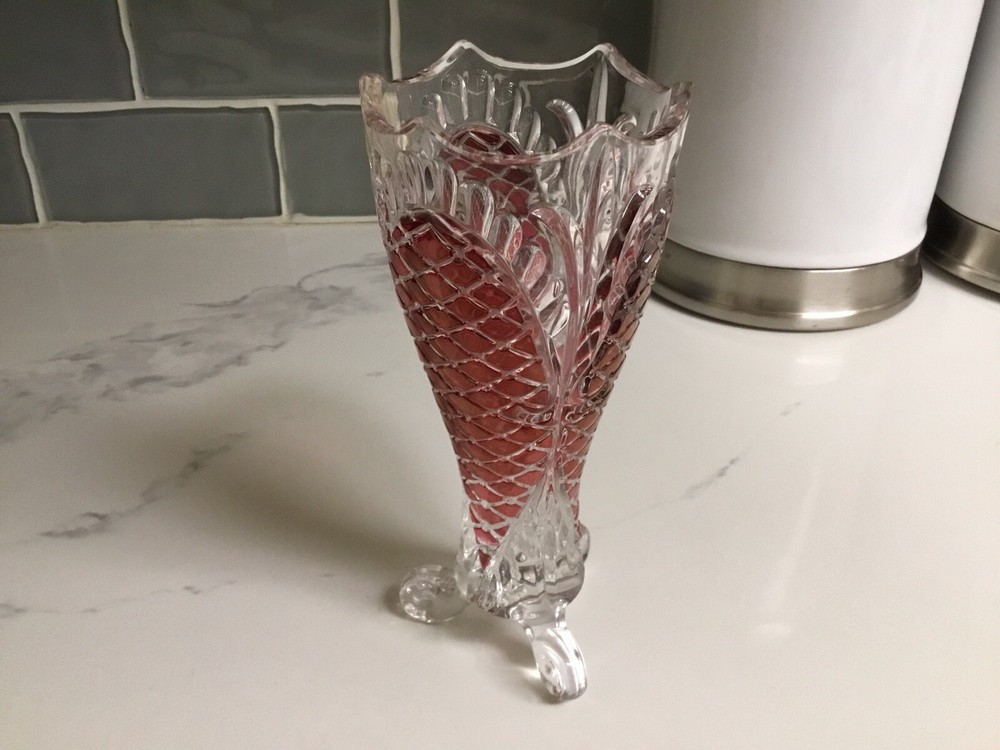Golden Crown E&R Western Germany Crystal Vase Clear Red Ruby Approx. 7” Tall