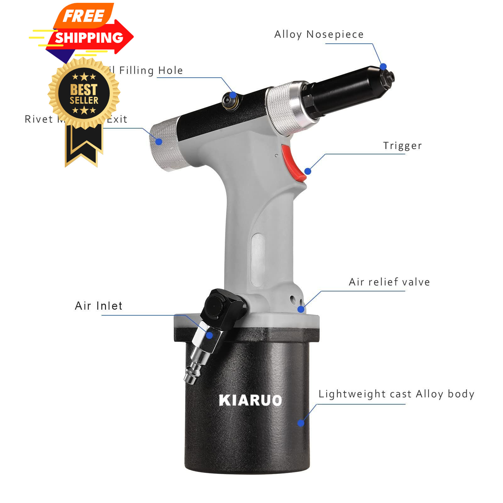 KIARUO Pneumatic Rivet Gun 3/16" 5/32" 1/8" S50 General Model, grey