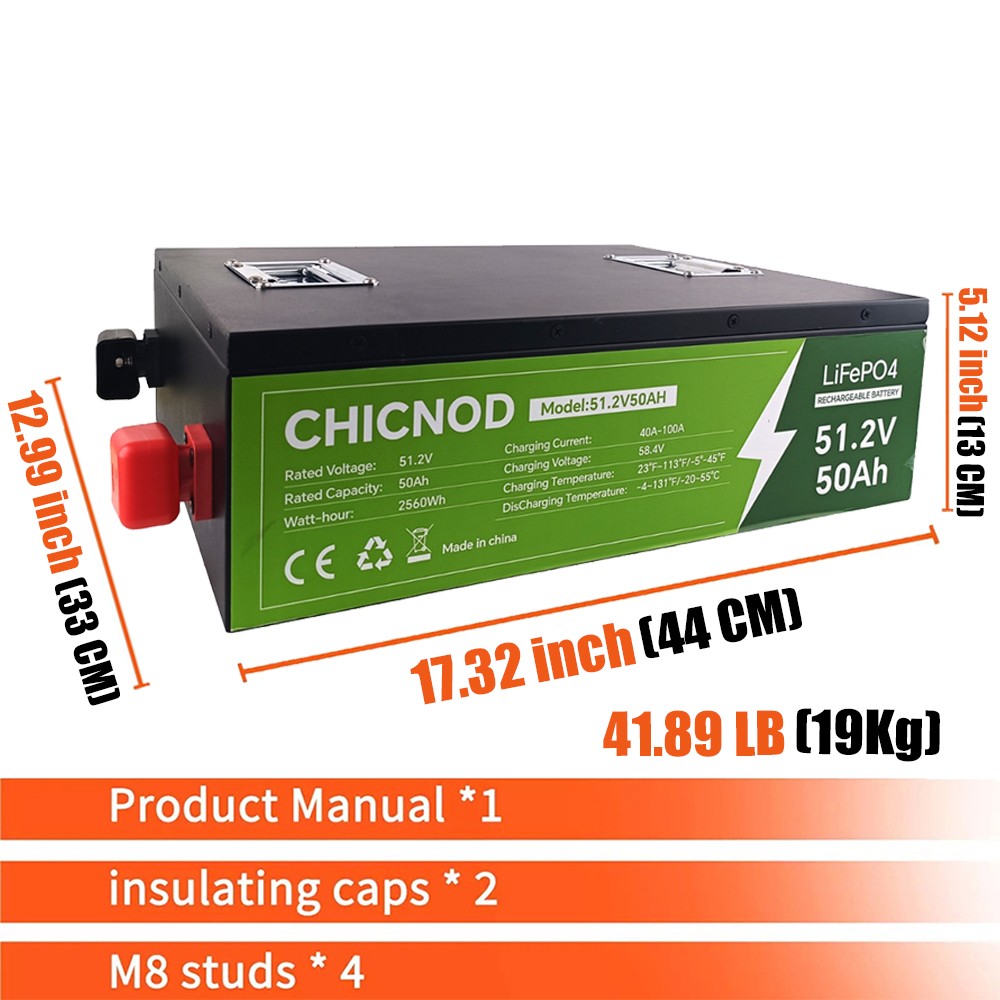 CHICNOD 48V 50Ah LiFePO4 Lithium Battery Built-in BMS Deep Cycles for Golf Carts