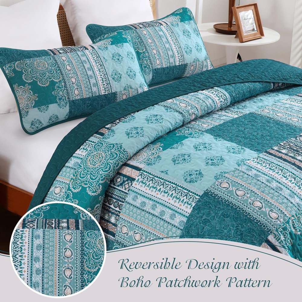 Dintszyayue Teal Patchwork Quilt Set King Size,3 Pieces Turquoise Boho Bedspread