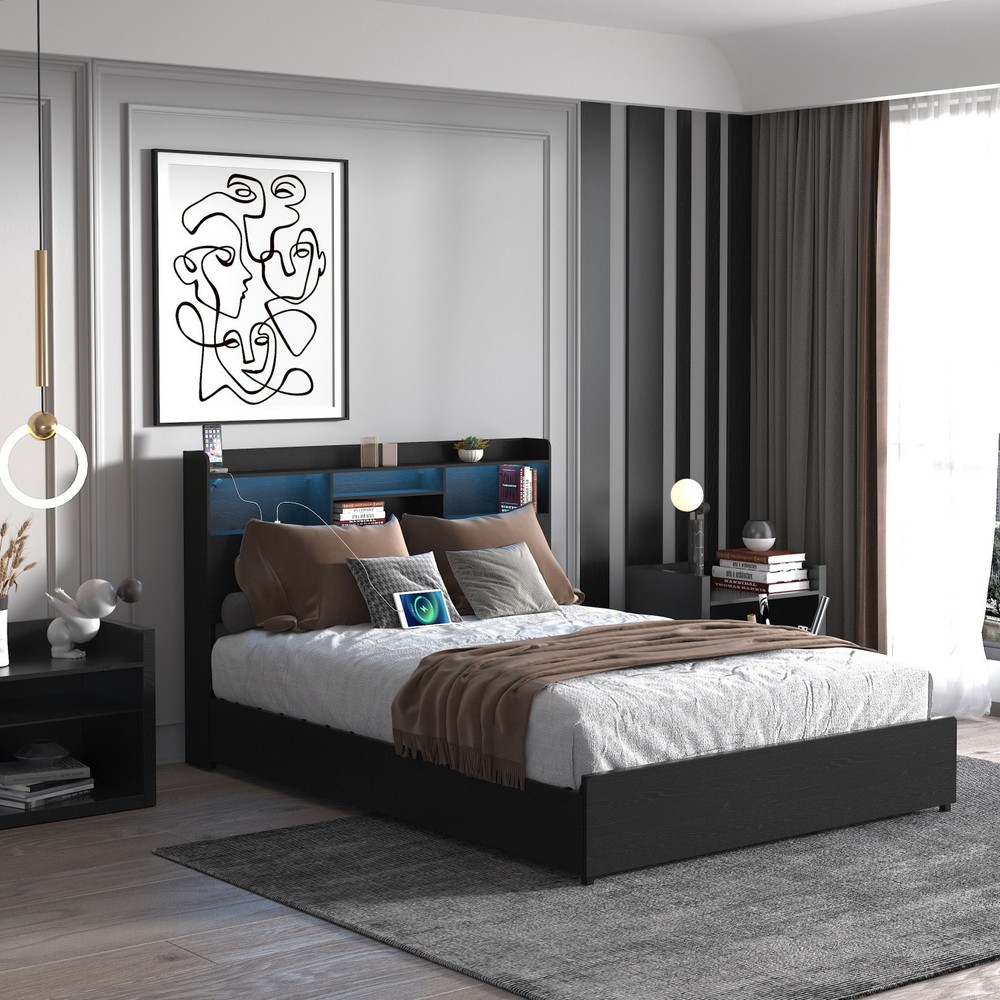 Full/Queen Size Platform Bed Frame w/ LED Lights & Storage Headboard & 4 Drawer