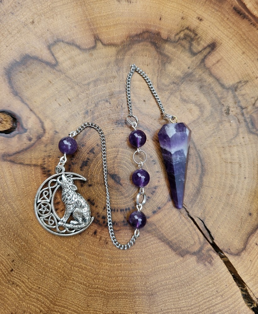 Amethyst pendulum with Amethyst beads and Wolf Cresent Moon Charm.