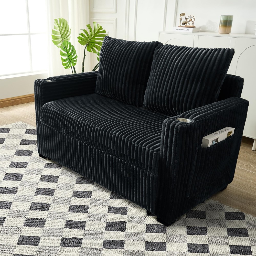 Pull Out Sofa Bed Convertible Corduroy Loveseat USB Charging Adjustable Black