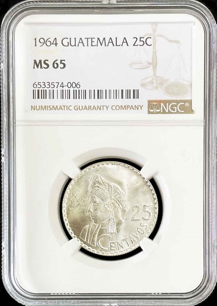 1964 SILVER GUATEMALA 25 CENTAVOS NATIVE BUST COIN NGC MINT STATE 65