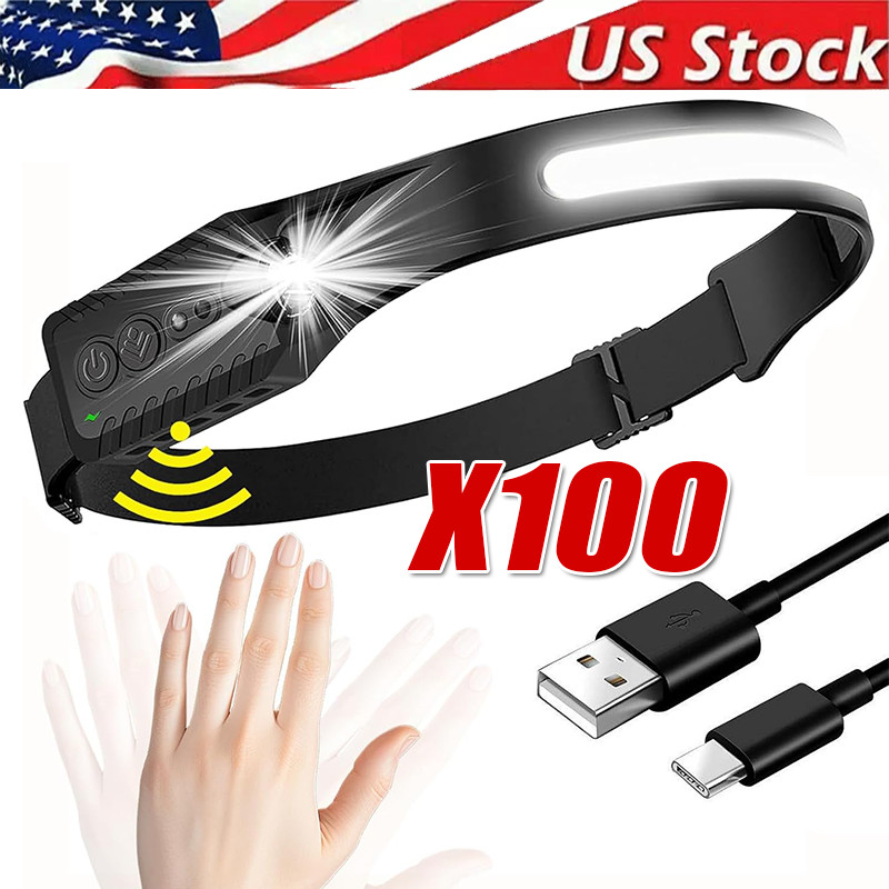 COB LED Headlamp USB Rechargeable Headlight Torch Work Light Bar Head Band Lamp