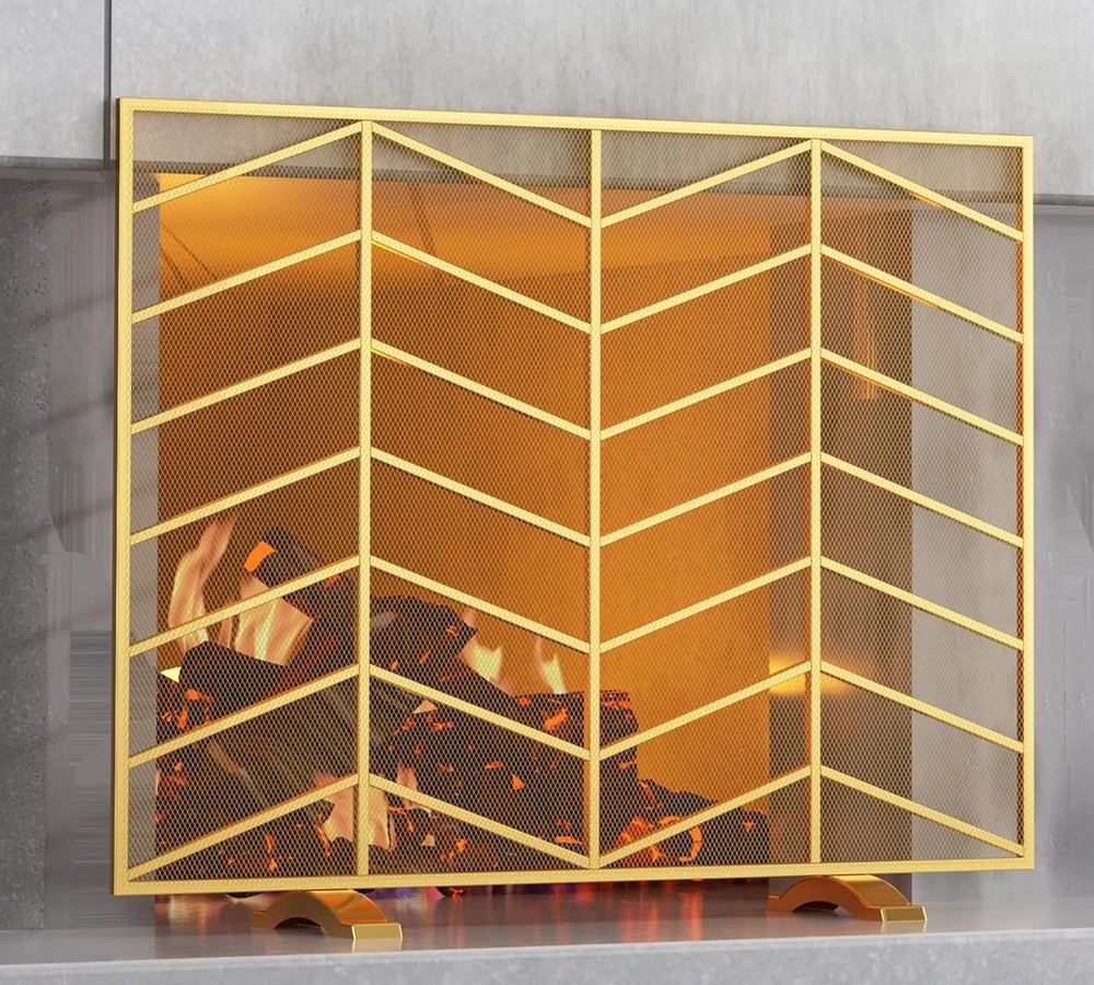 Single Panel Iron Mesh Chevron Fireplace Screen Fire Spark Handcrafted Wrought