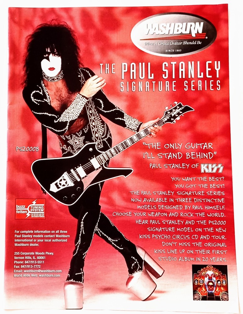 KISS~PAUL STANLEY WASHBURN PS2000B GUITAR~ORIG 1999 PROMO PRINT AD POSTER PINUP