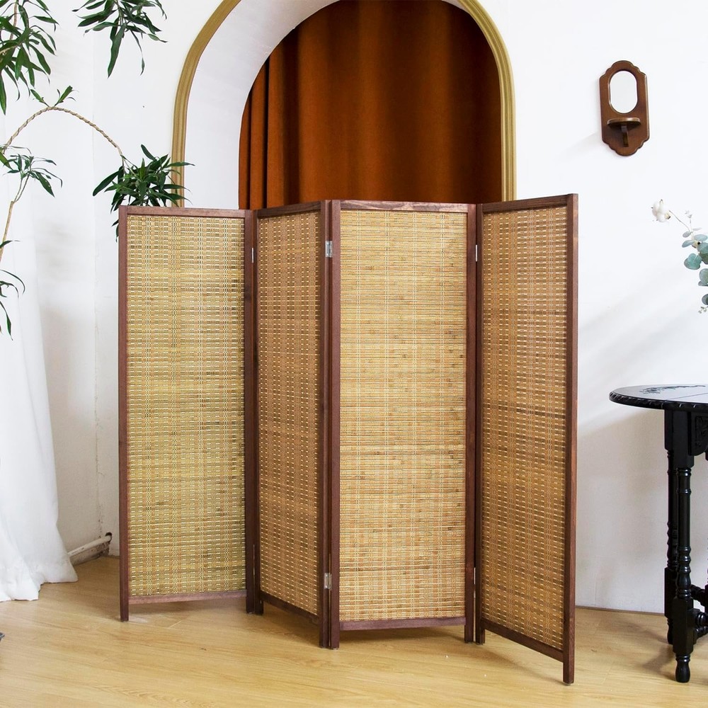 4 Panel Short Panel Divider Screen,3.95 FT Tall Bamboo Room Divider Folding