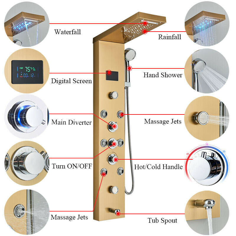 Shower Panel Tower System Shower Tower Set with LED Rainfall Head Massage Jets