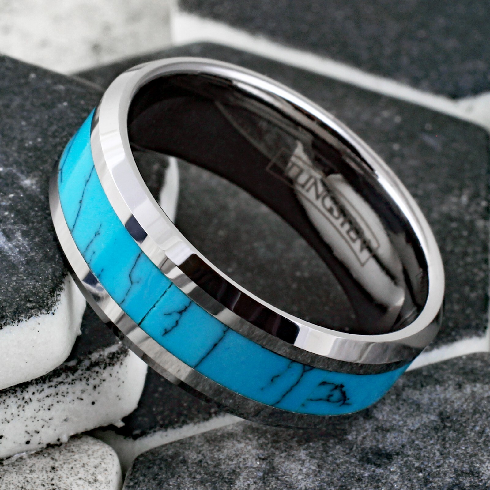 Tungsten Carbide Men's Turquoise Inlaid Comfort Fit Wedding Band Ring Size 5-13