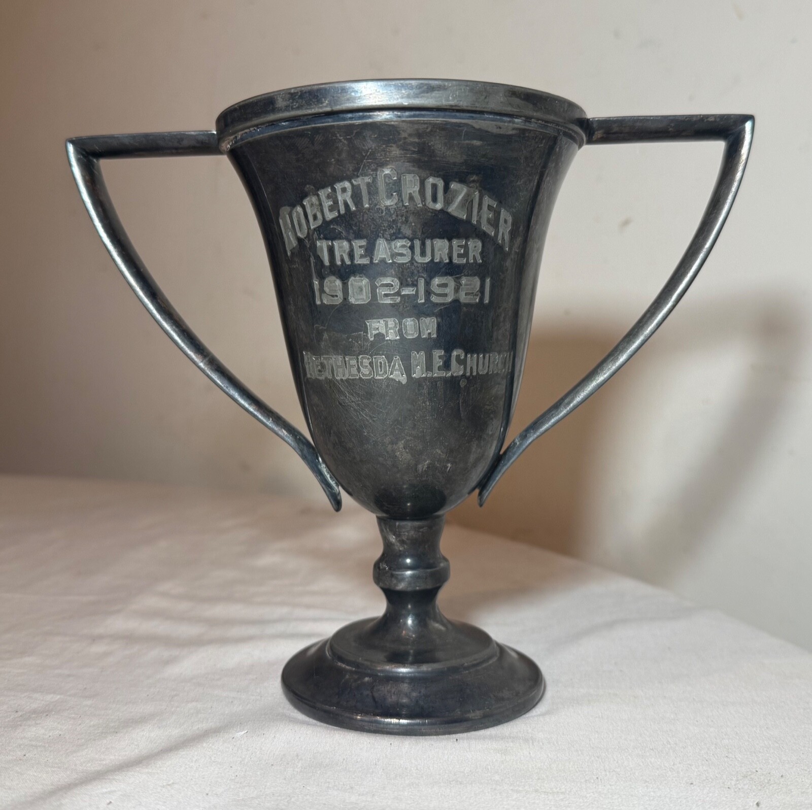 antique 1902-21 silverplate engraved Bethesda ME Church Treasurer trophy award