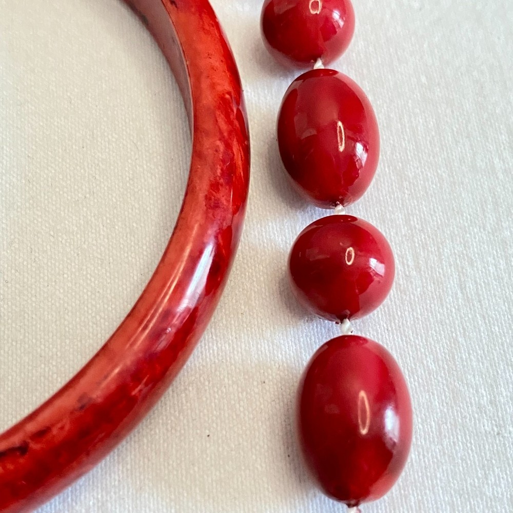 Red Beaded Necklace And Bangle Bracelet Married Set