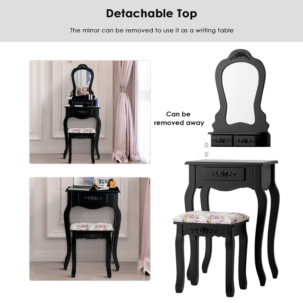 Vanity Wood Makeup Dressing Table Stool Set Jewelry Desk Drawer Mirror Black