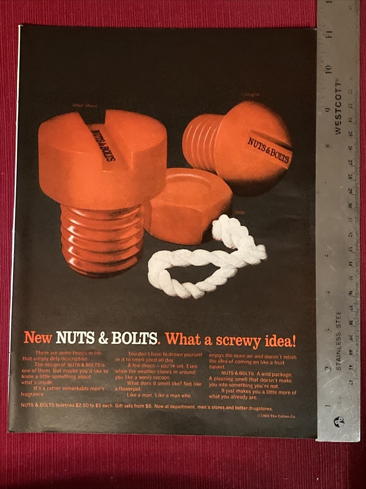 Nut’s & Bolts Men’s Cologne & After Shave 1969 Print Ad - Great To Frame!