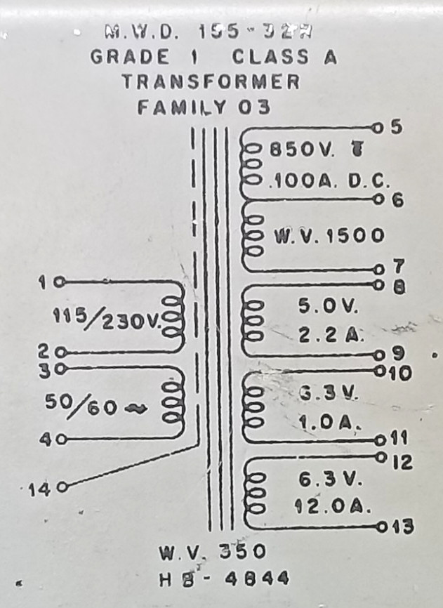 Plate &  Filament  Transformer 115 / 230V - 850V -   5V  -  2 X  6.3V - 1 - 12A