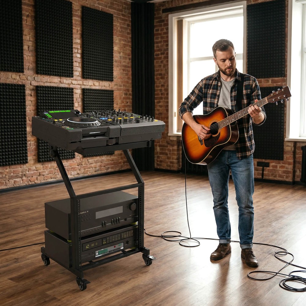 9U 2 Layer Professional Audio Rack Mount w/Adjustable Crossbars Lockable Wheels