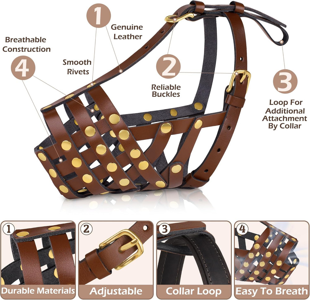 Pitbull Dog Muzzle for Large Dogs - Leather Breathable Secure Basket Muzzle for