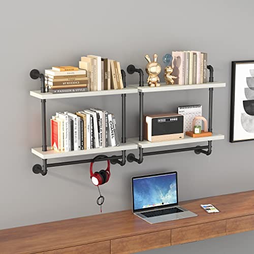 Helsin 24in Industrial Pipe Shelving, 2 Tier Rustic Wood Floating Bathroom