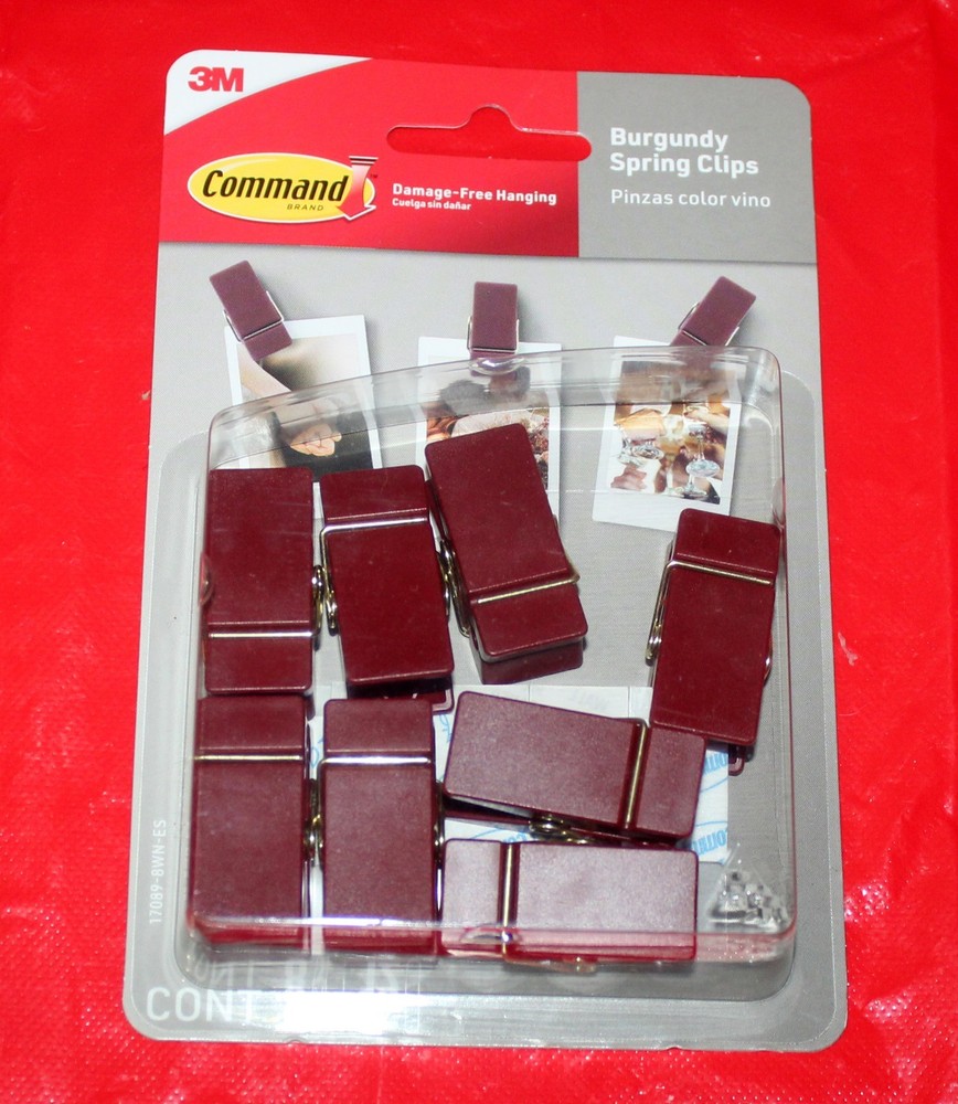Command Spring Clips 8 Hooks and 12 Strips Burgundy *NEW* 3M