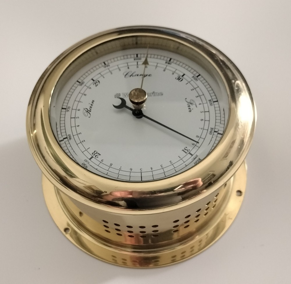 BRASS WEST MARINE BAROMETER & CLOCK, WORKING CONDITION.