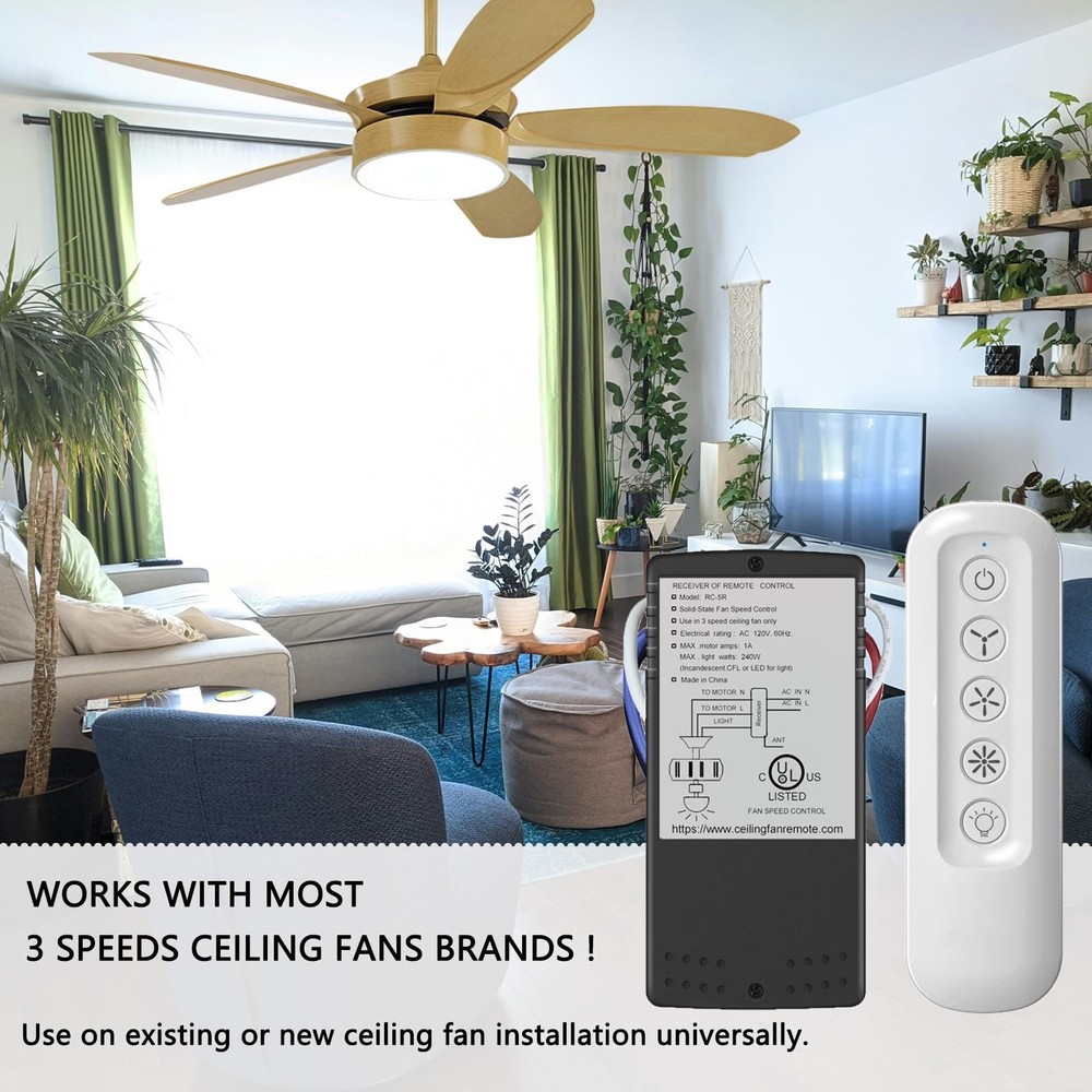 Universal ceiling fan remote control kit for 3 Speed, Works with Hunter
