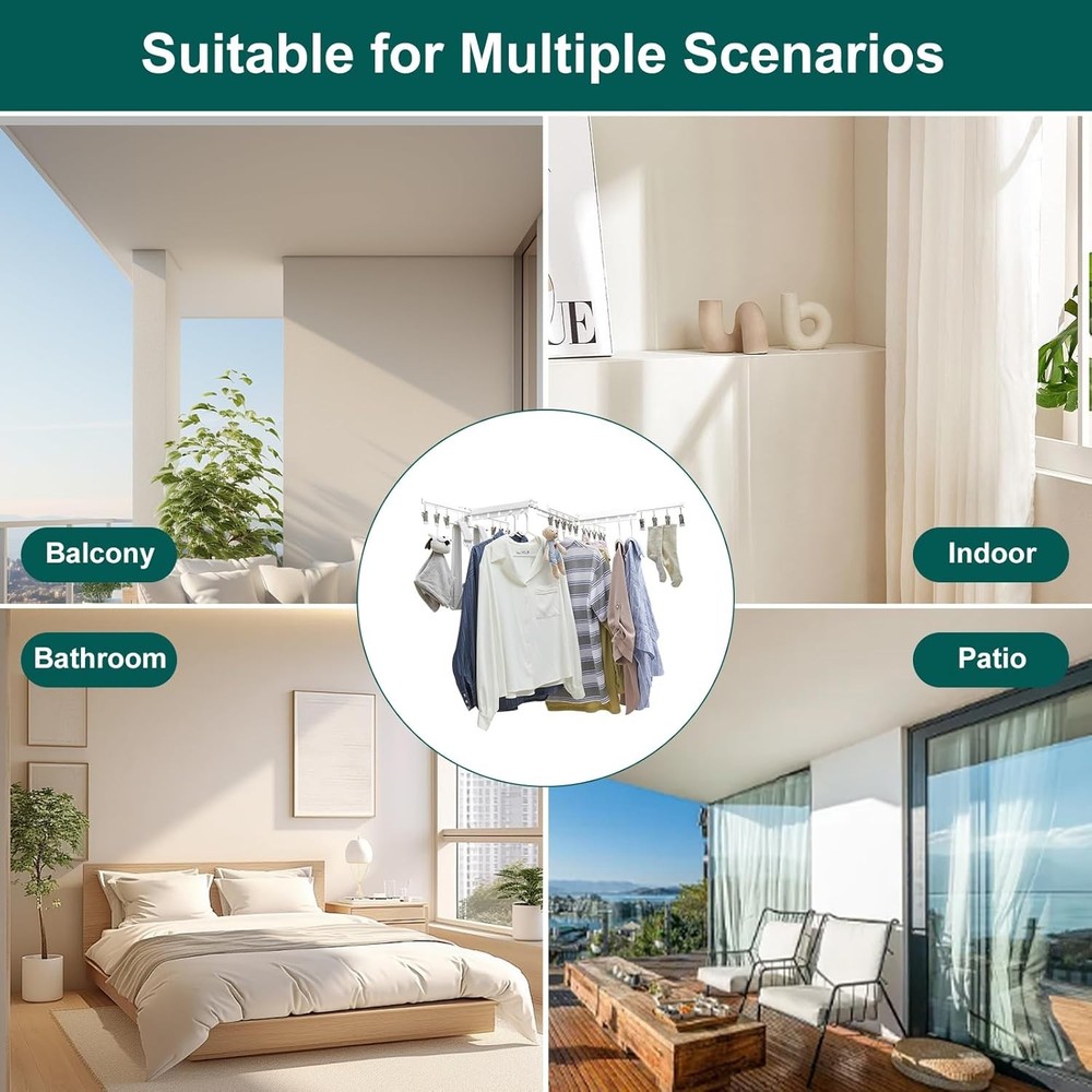 White 51" Clothes Drying Rack Retractable Foldable Wall Mounted Tri-Fold Space
