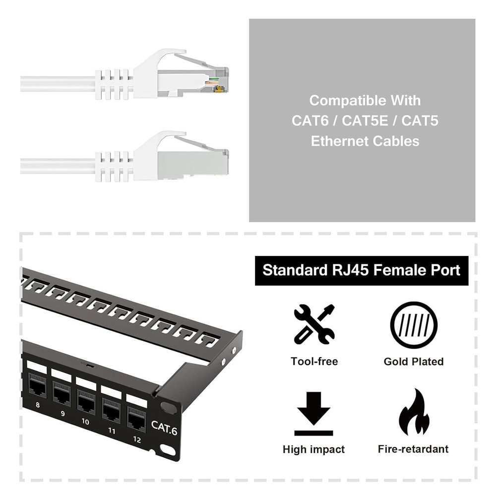 10Gbps Patch Panel 12 Port, 10-Inch Through Coupler RJ45 Cat6 Patch Panel wit...