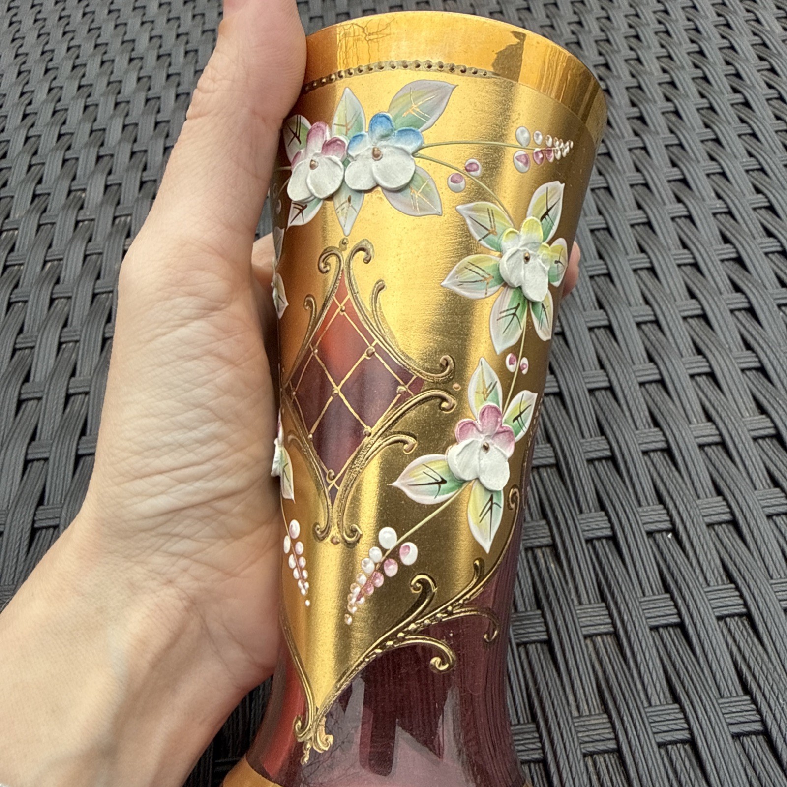 BOHEMIA CZECH REPUBLIC GOLD HIGH ENAMEL CRANBERRY HANDMADE CRYSTALEX VASE