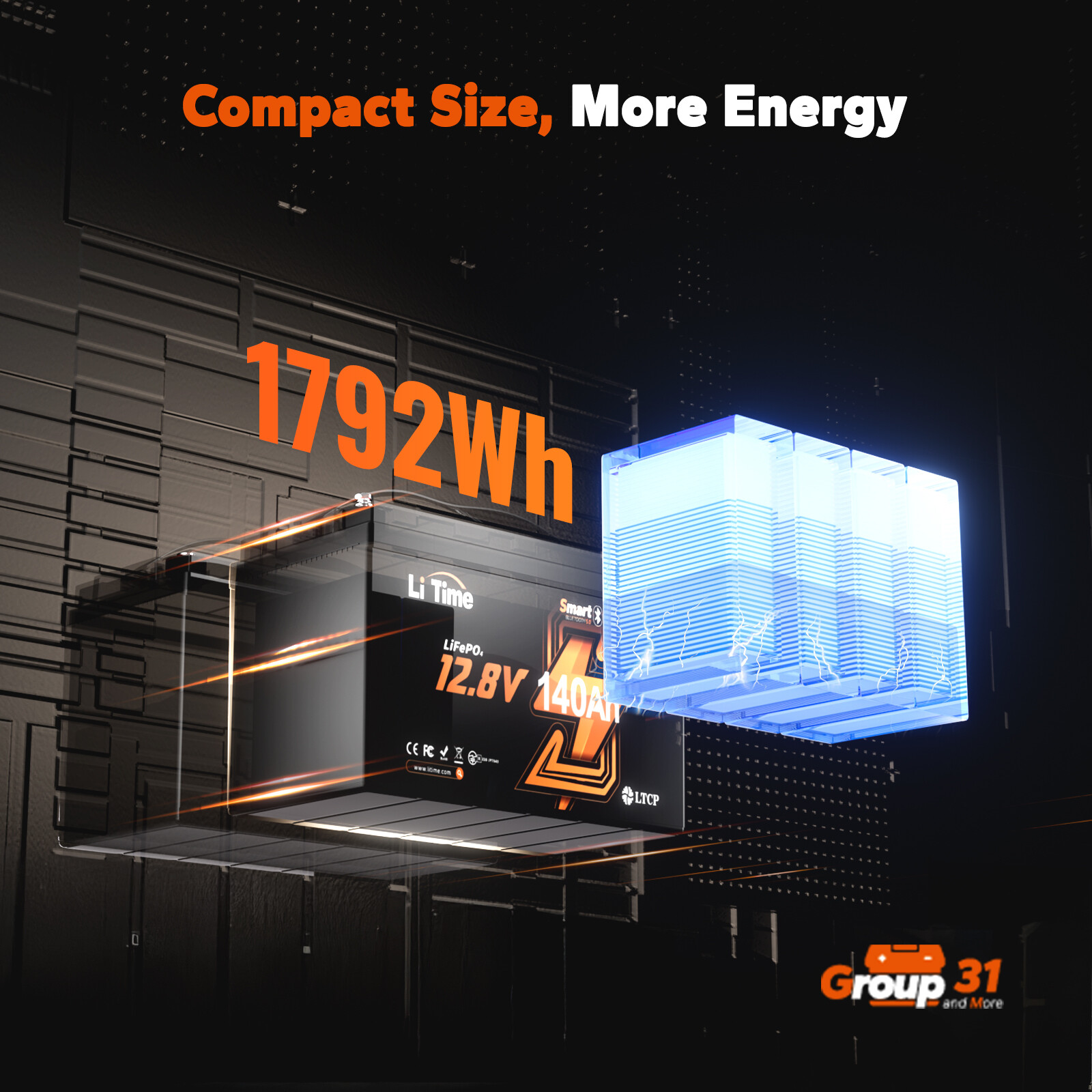 LiTime 12V 140Ah Bluetooth Group31 LiFePO4 Lithium Battery 1920W For RV Marine