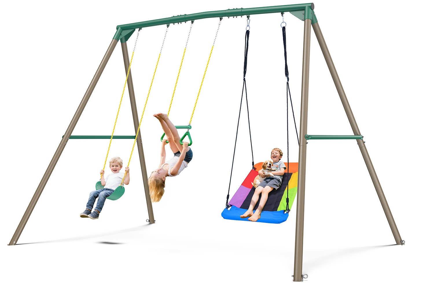 9.5ft Tall A-Frame Heavy Duty Metal Swing Set with 3 Swings and Trapeze Bar