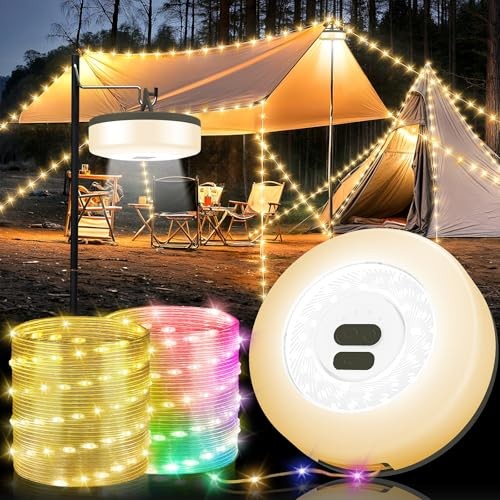 Camping String Lights, 4 in 1 Quick Storage 32.8FT 1PACK Warm & RGB