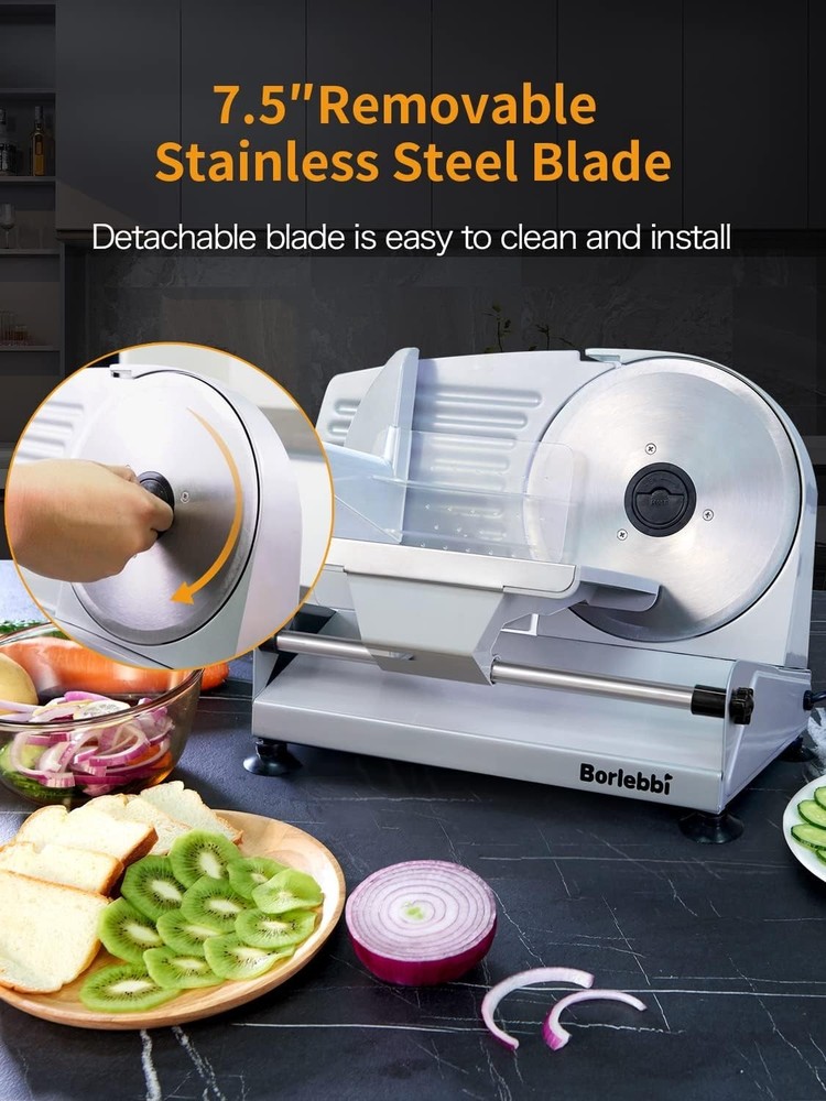 200W Electric Meat Slicer with 2 Removable Blades - Adjustable Thickness & Ch...