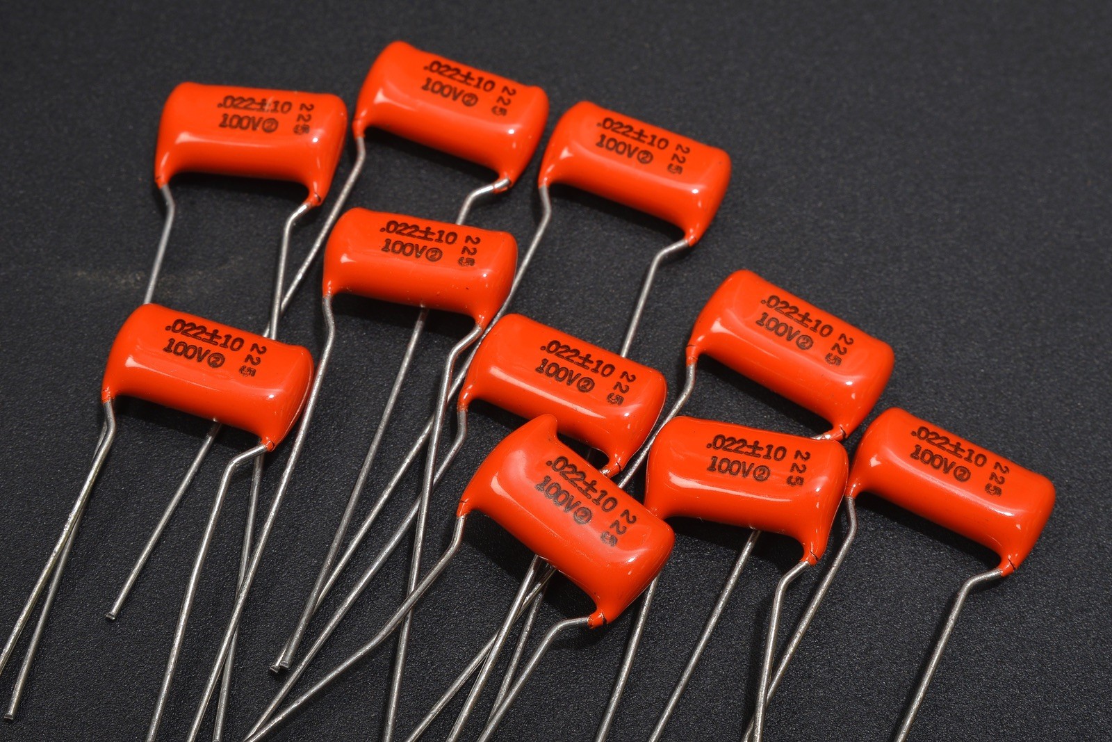 10 NOS USA SPRAGUE .022uf 100v 225 ORANGE DROP GUITAR TONE CAPACITORS CIRCLE 2