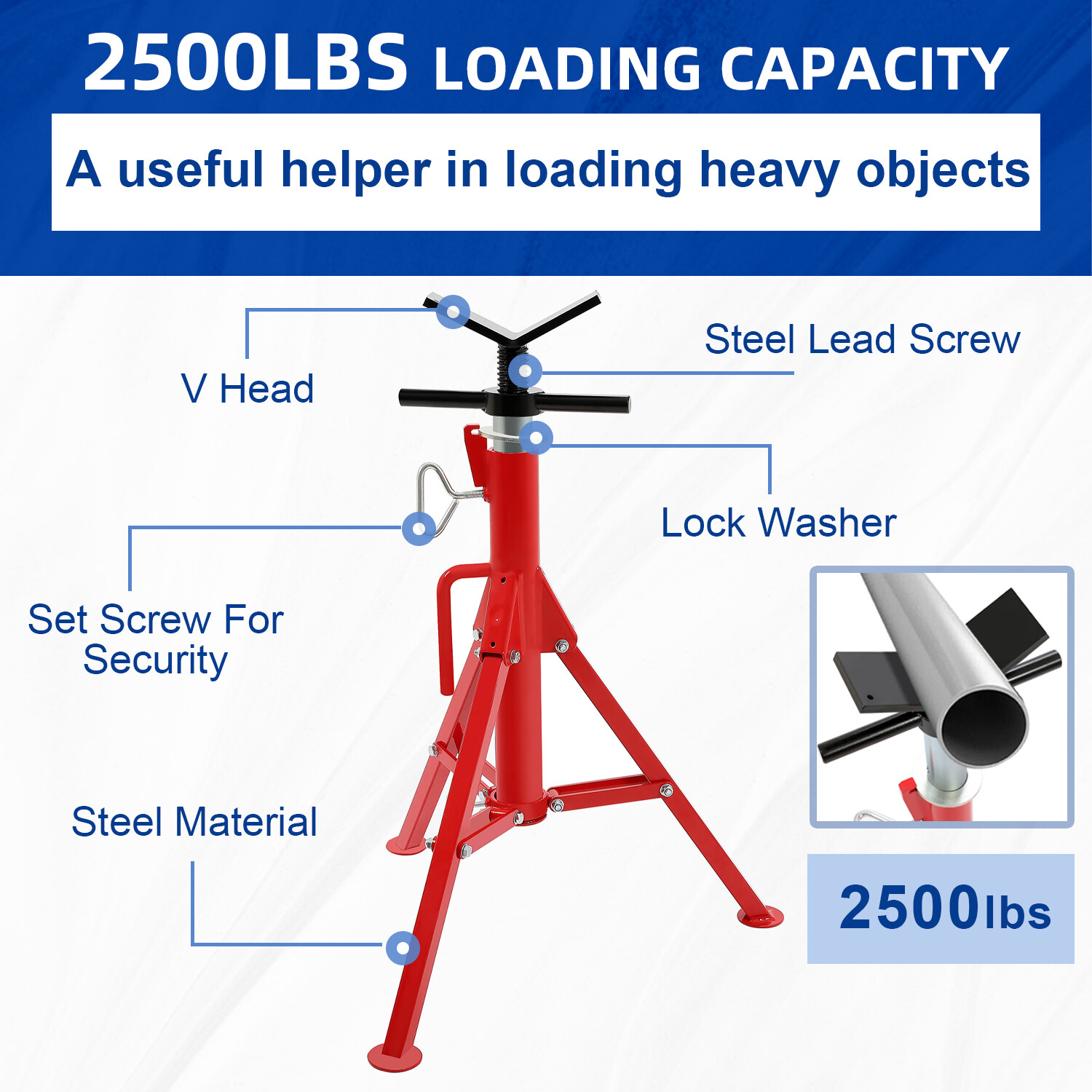 28"-52" Height 2500LB Steel Red V-Head Pipe Stand Folding Tripod Jack