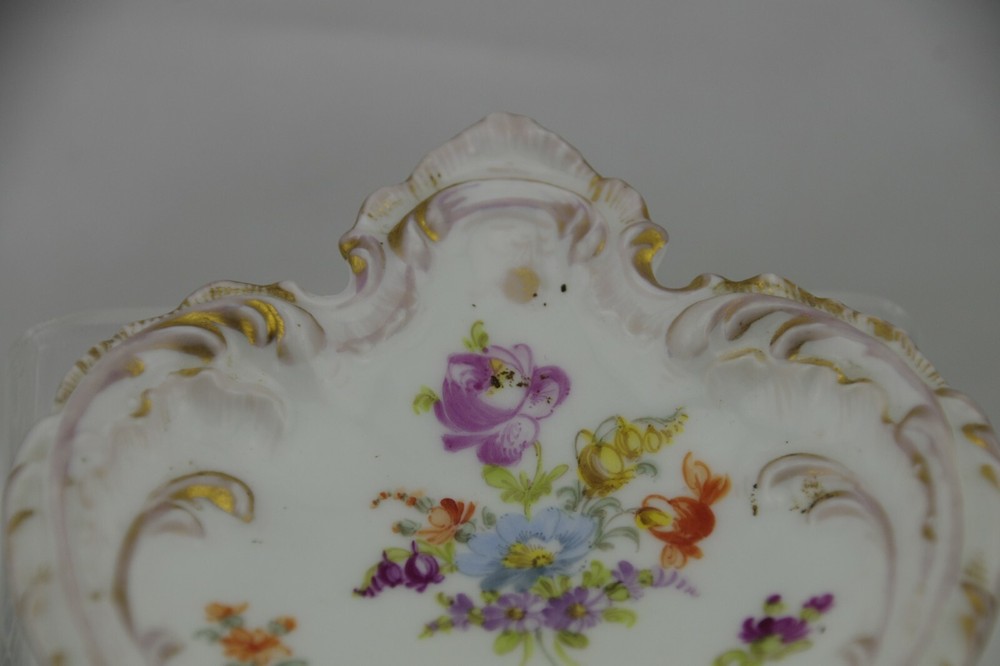 Dresden Flowers Shield Shaped Trinket Dish Germany Scrolls