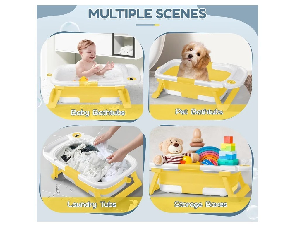 Collapsible Baby Bathtub Portable Foldable Thermometer Cushion for 0-36 Months