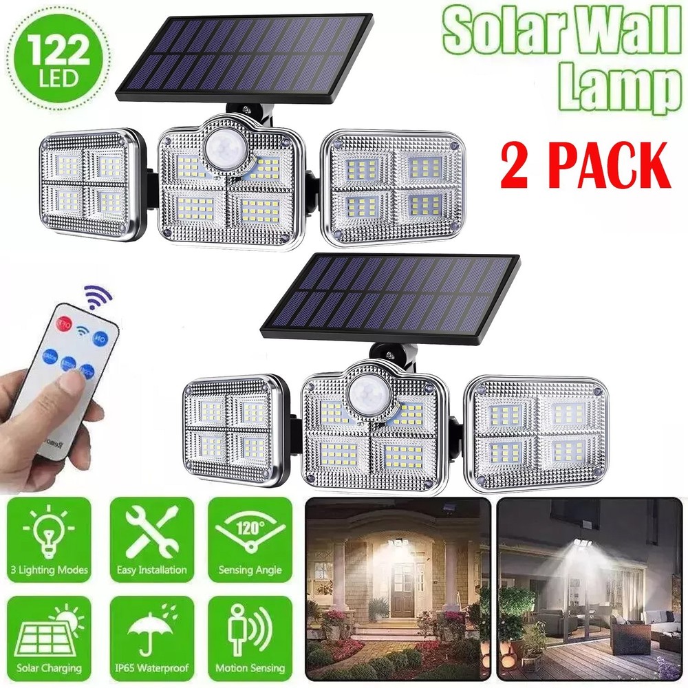 2 Pack 122 LED Solar Lights Outdoor Waterproof Motion Sensor Security Wall Lamp