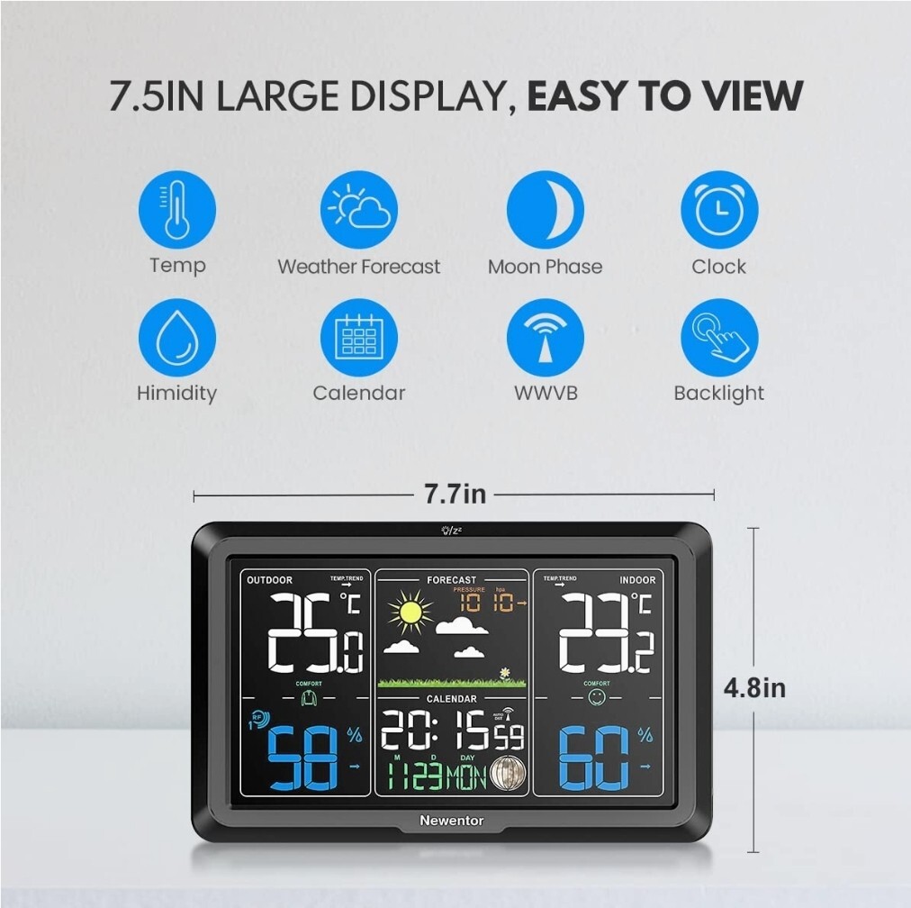 Newentor Q7 Wireless Indoor/Outdoor Weather Station Thermometer Forecast Clock