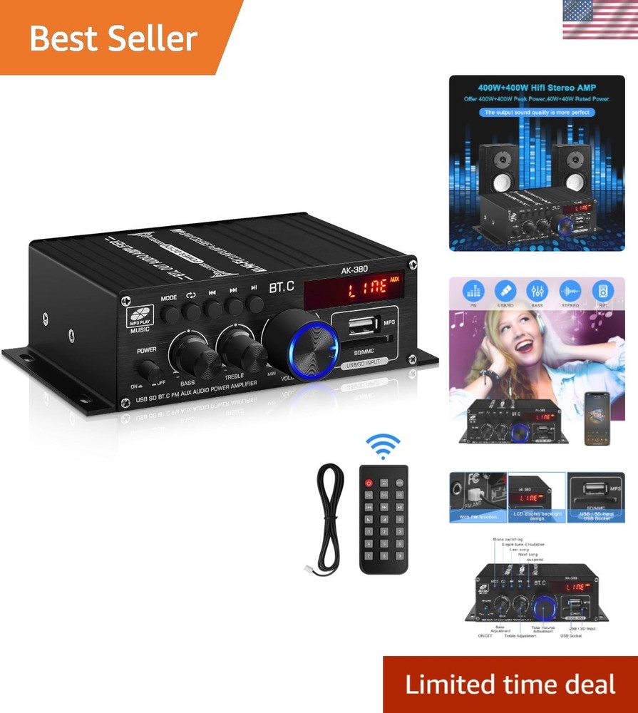 Powerful 2.0 CH AK-380 Bluetooth Amplifier with USB, AUX & Remote Control
