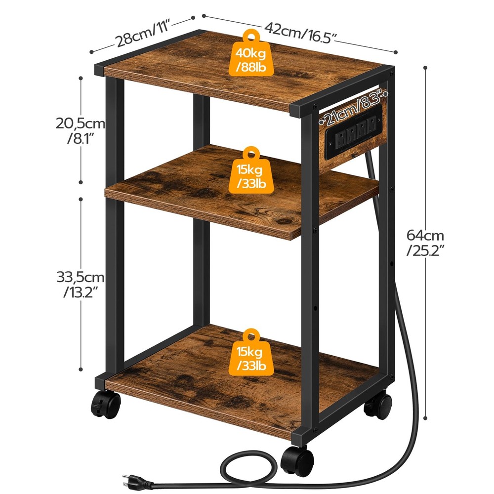 Industrial Printer Stand with Charging Station, 3-Tier Printer Table, Rolling...
