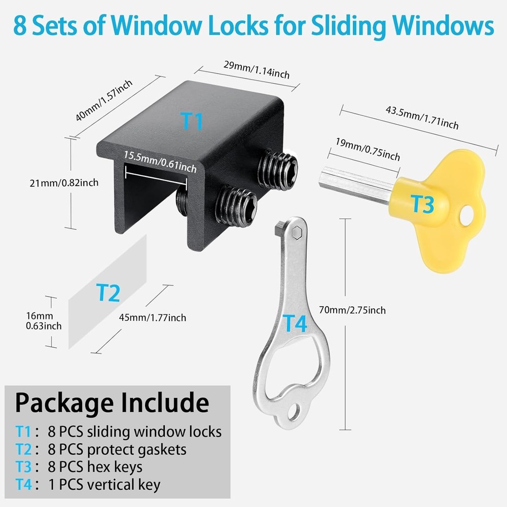 Adjustable Security Window Locks - 8 Pack with Key for Vertical & Horizontal Use