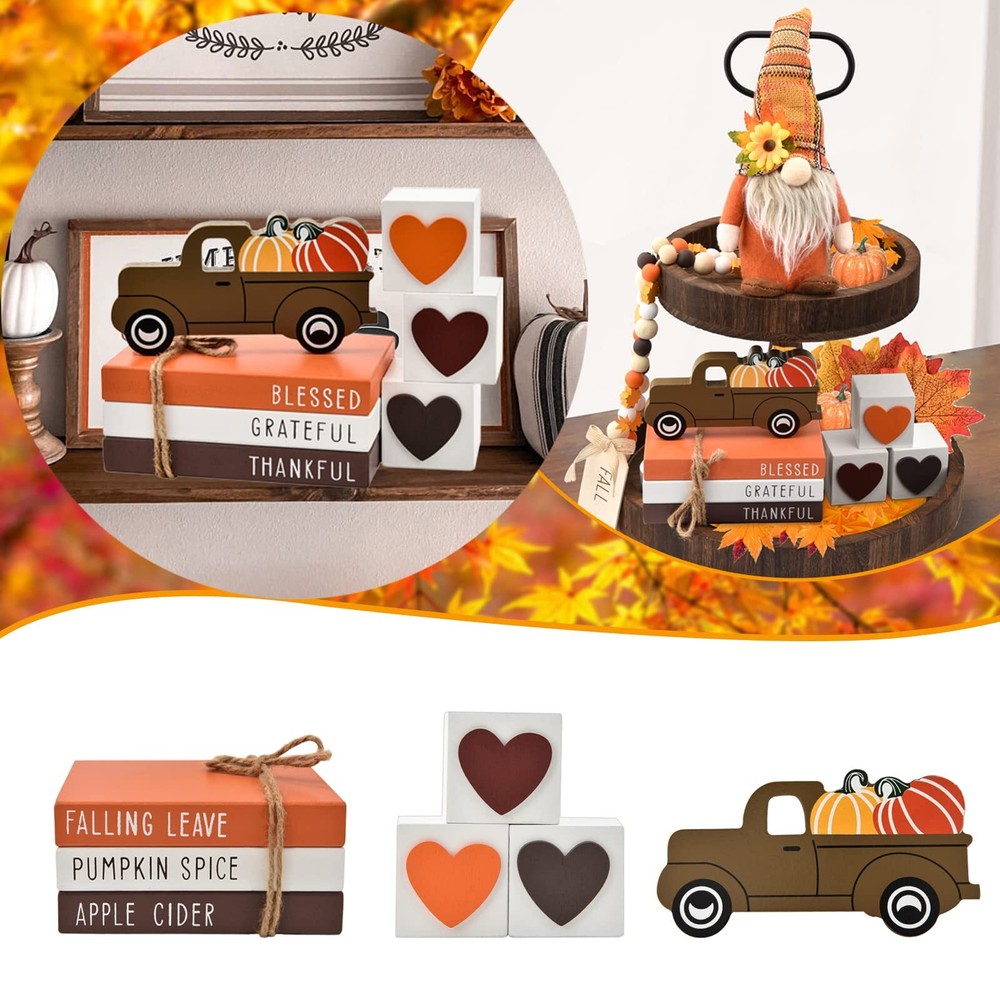 Fall Tiered Tray Decor - Thanksgiving Decorations for Home - 3 Double Sided F...