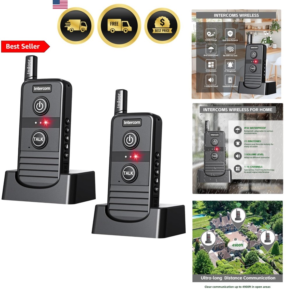 Wireless Home Intercom System 2 Pack Long Range 4900ft Waterproof Office House