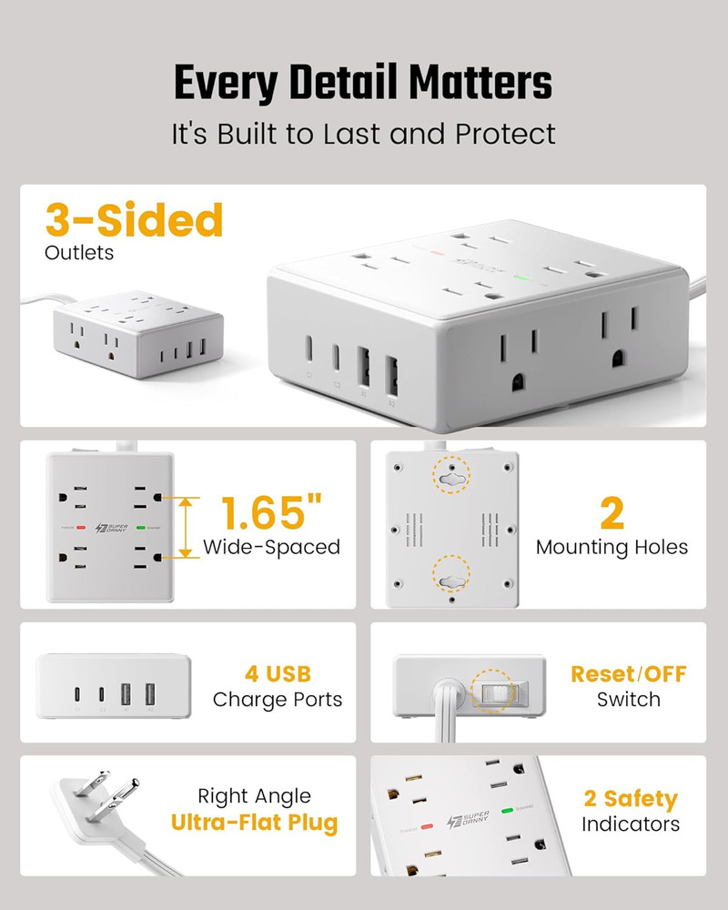 10Ft Extension Cord with Multiple Outlets, Flat Plug Surge Protector Power Strip