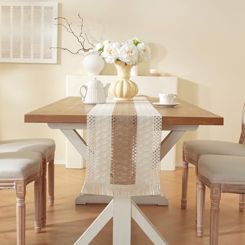 Farmhouse Decor Boho Table Runner with Macrame, 60 inches Beige & Brown-1