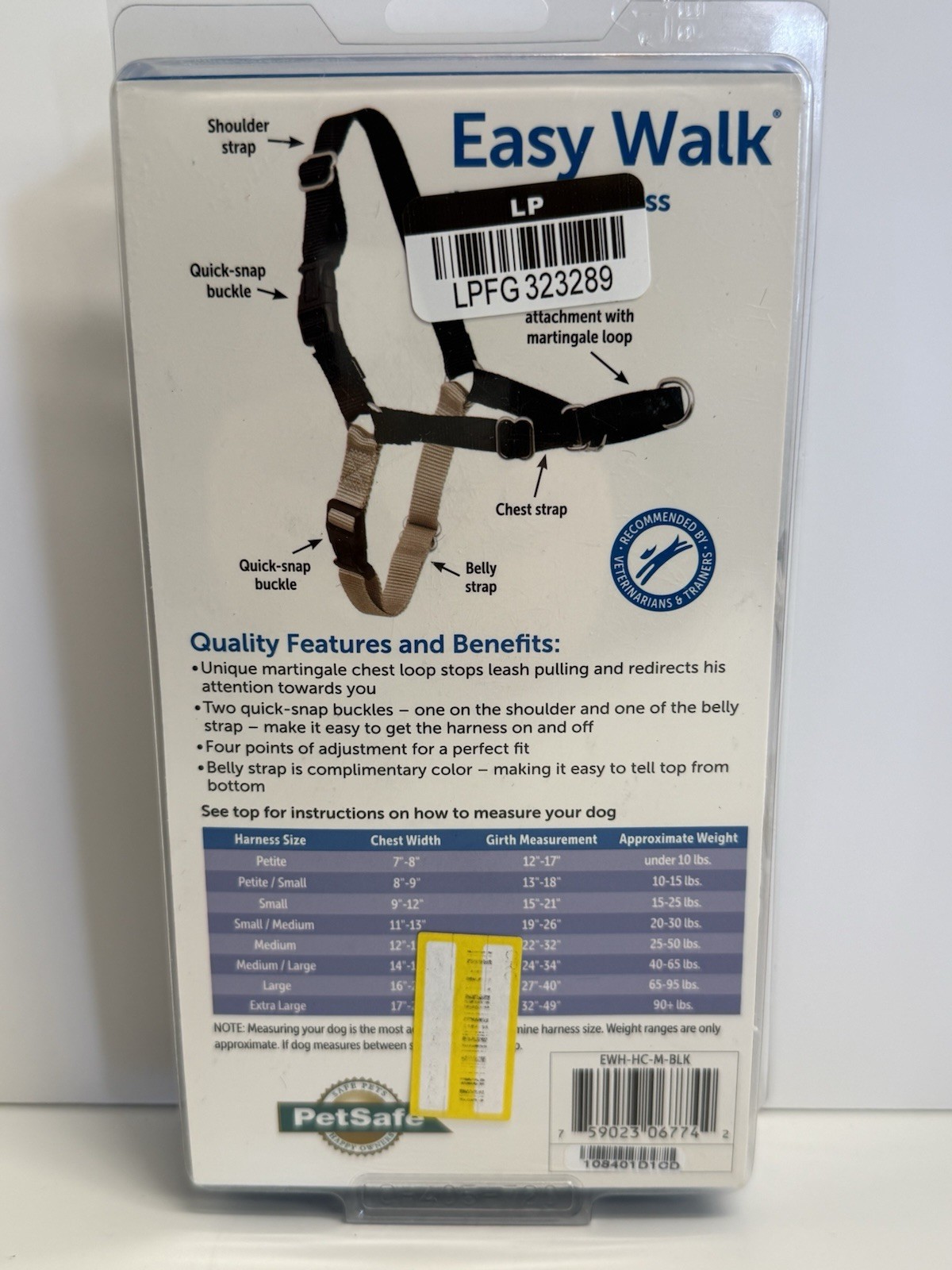 PetSafe Easy Walk No-Pull Adjustable Dog Harness Medium Black/Silver